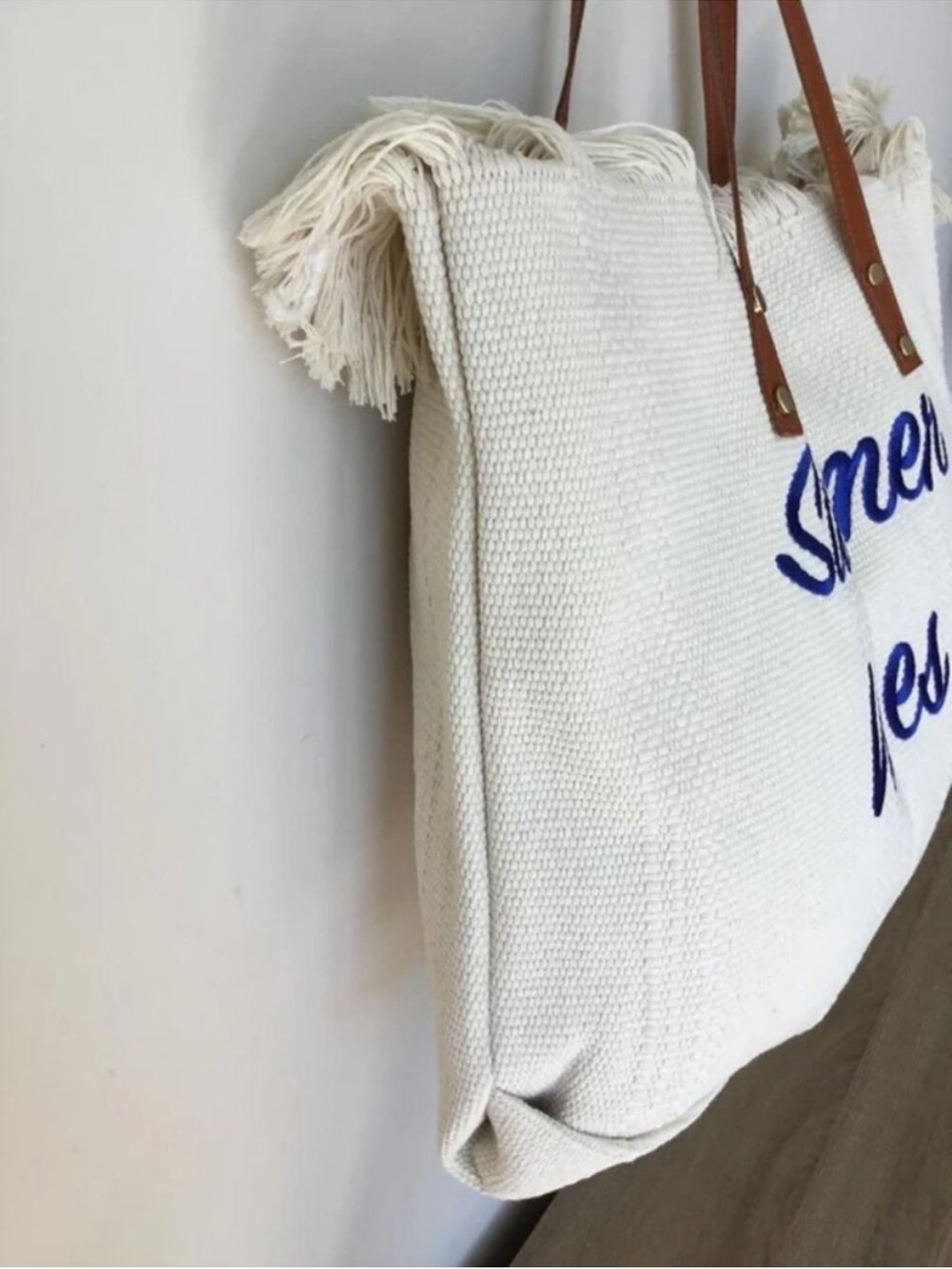 Adorable Summer Vibes White Tote Bag with Brown Straps - Picture 4 of 4